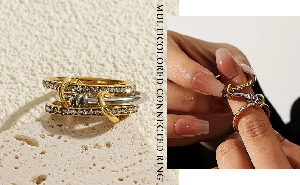 New Stainless Steel Cubic Zirconia Stackable Rings for Women 18k GoldPlating Multi-Link Connected Statement Ring Stack Jewelry