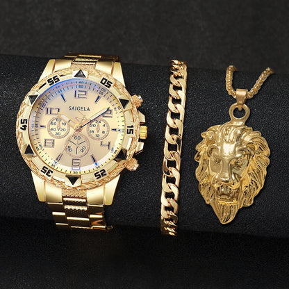 3PCS/Set Fashion Steel Band Men's Watches Arabic Dial Man Business Watches Jewelry Set Relogio Masculino（Box Not Included ）