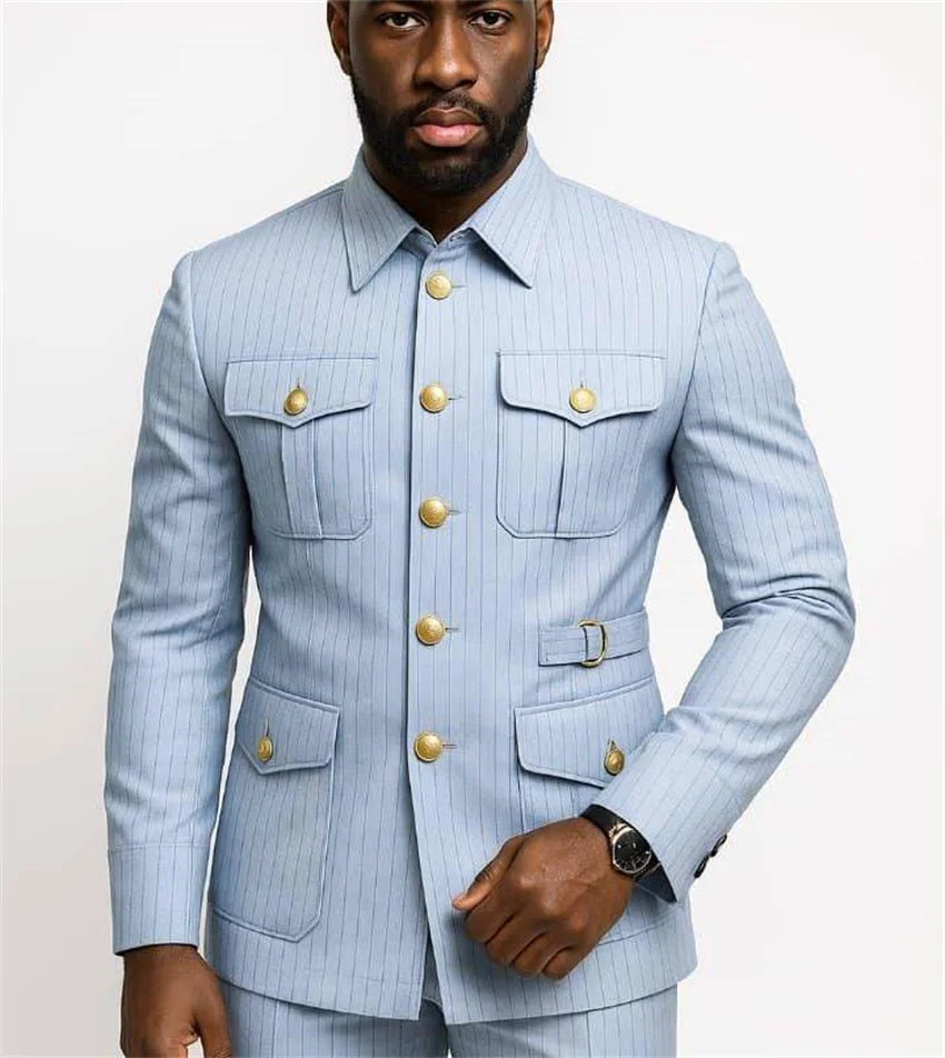 Stripe Safari Men's Suits with Stand Collar Single Breasted Slim Fit Male Fashion Daily Suit 2 Pieces Set Jacket Pants Outfits