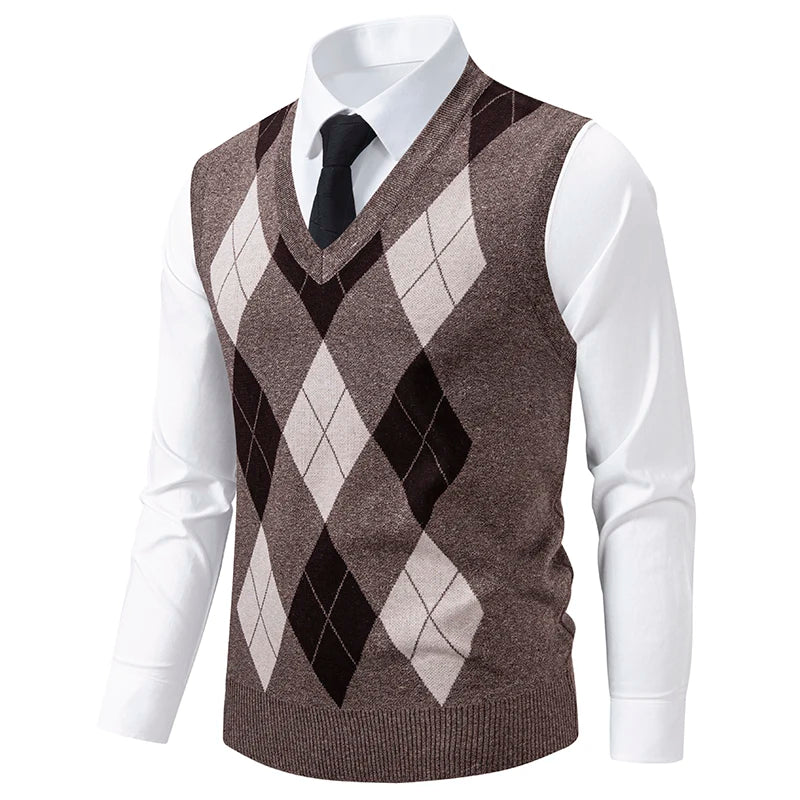 Men's Knit Vest Fashion Sweater Vest Argyle Pattern Waistcoat Fleece Lined Warm Vests