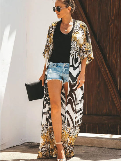 Bikini Cover Up Chiffon Beach Kimono Women Leopard Printed Long Cape for Swimsuit Tunic Summer Beach Wear Factory Supply