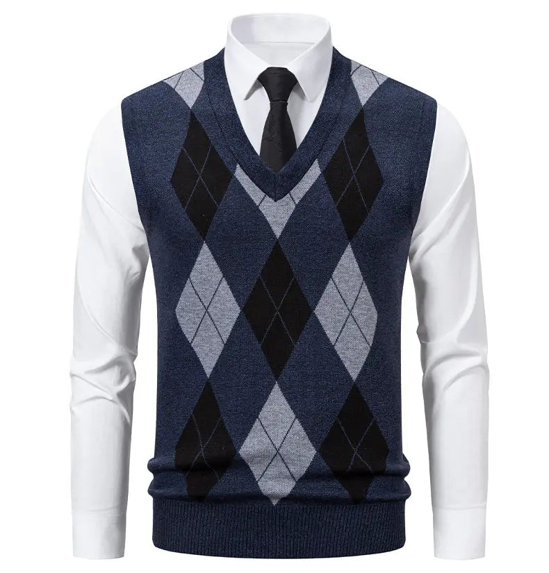 Men's Knit Vest Fashion Sweater Vest Argyle Pattern Waistcoat Fleece Lined Warm Vests