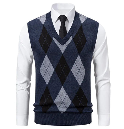 Men's Knit Vest Fashion Sweater Vest Argyle Pattern Waistcoat Fleece Lined Warm Vests