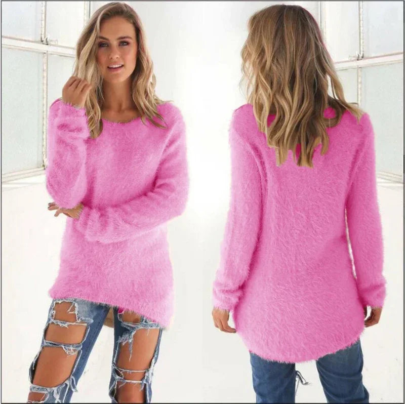 Women Warm Sweater Solid Color O Neck Loose Cotton Knitted Pullover Long Sweater Casual Oversize Blouse Ladies Hipster Clothing