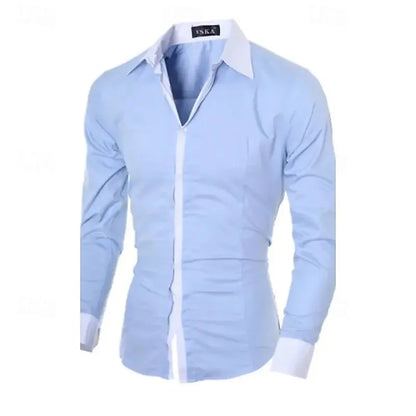 New men's black and white color-blocked spliced   shirt, outdoor street style, business casual long-sleeved lapel top for men.