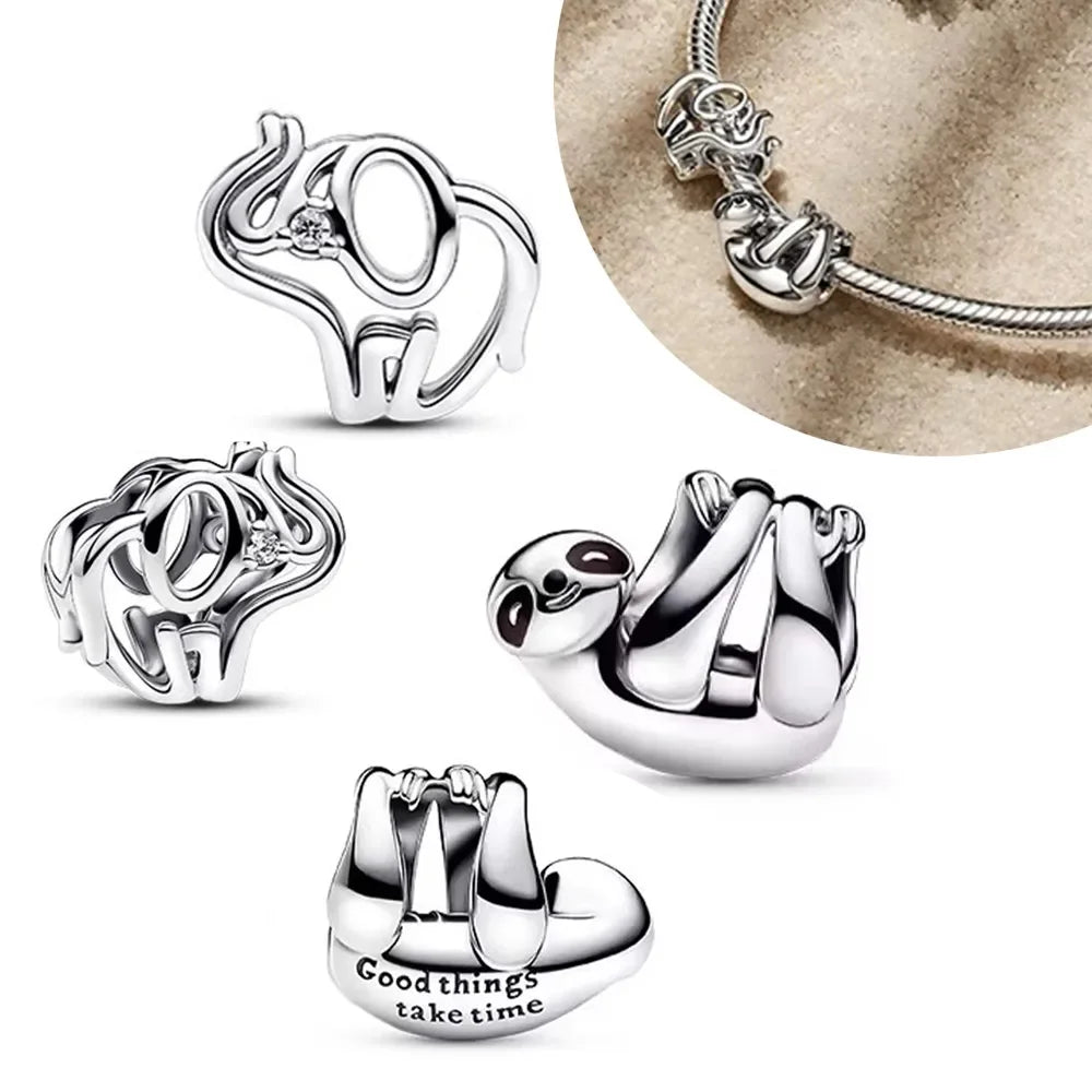 Silver 925 Openwork Elephant Hanging Sloth Charms Beads Fit Original Bracelet for Women Diy Fine Jewelry Making