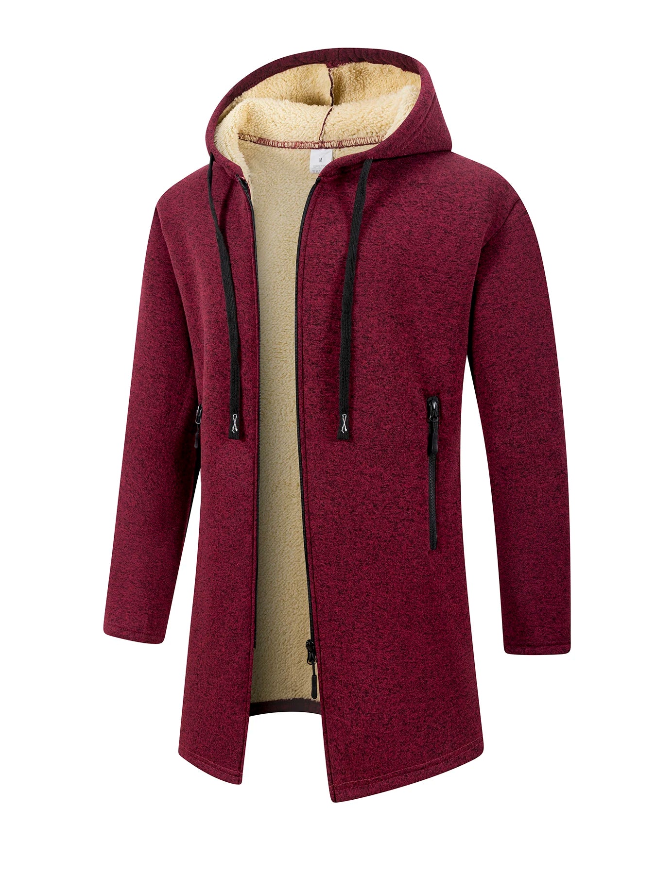 Men's Winter Warm Long Coat Zipper Jacket Zip Windbreaker Thick Fleece Windproof Overcoat Casual Contrast Color Hooded Jacket