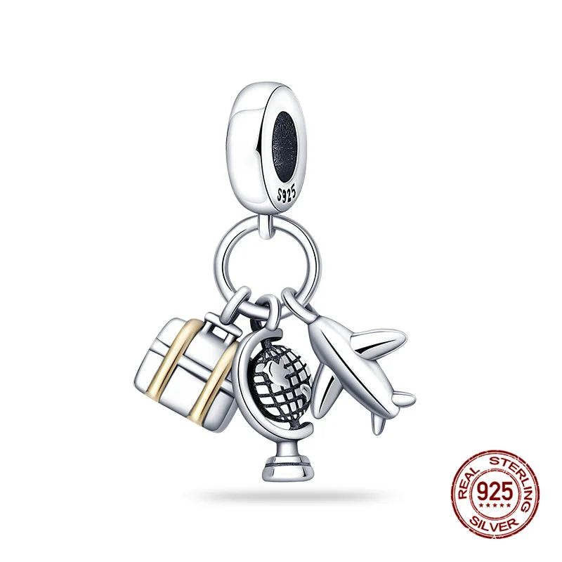 Original Charms 925 Silver Three-In-One Airplane Travel Luggage Charms Bead Fit 3mm Original Bracelet Womens DIY Jewelry Gifts