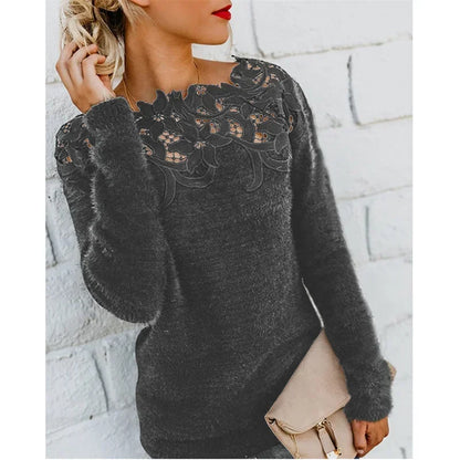Autumn Winter Sweet Korean Fashion Casual Solid Pullover O-Neck Pullover Plush Warm Sweat Ladies Sweater Lace Women Knit Sweater