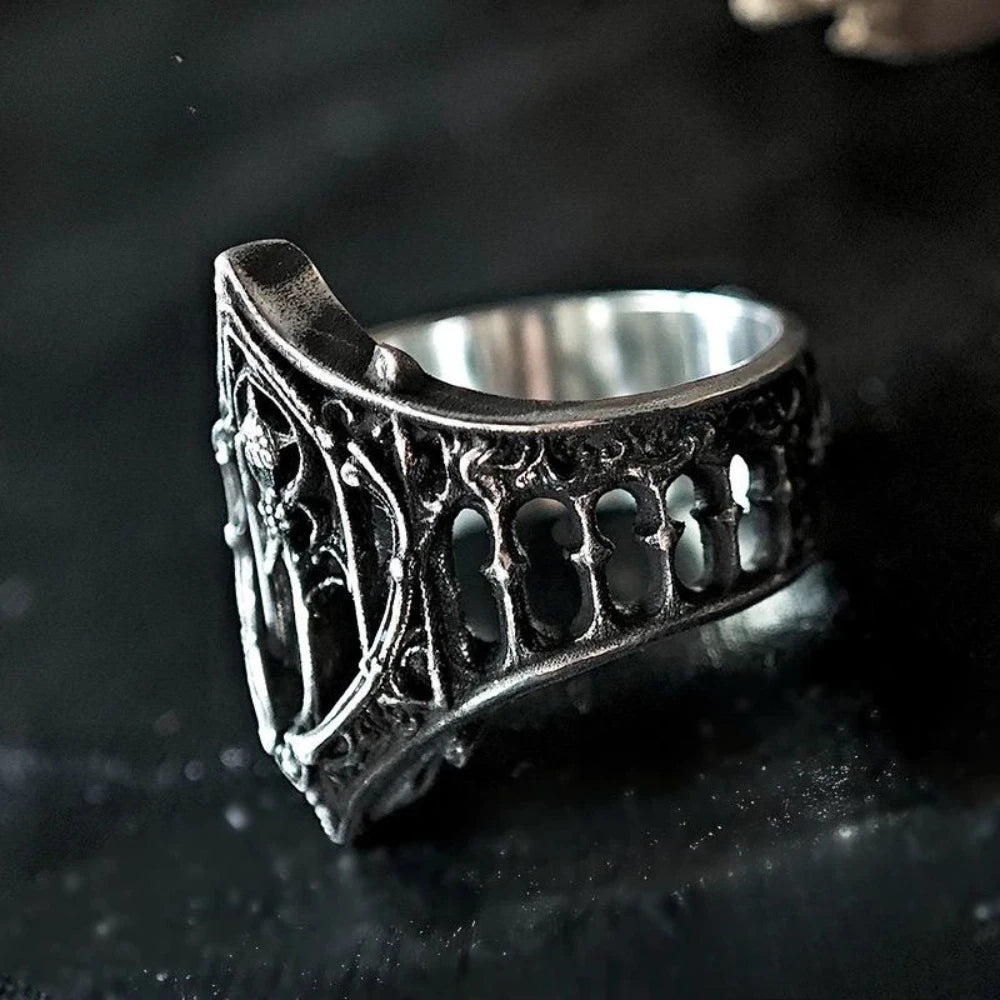 Retro Personality Ancient Silver color Hollowed-out Relief Crown Castle Rings for Women Men Halloween Fashion Gothic Jewelry