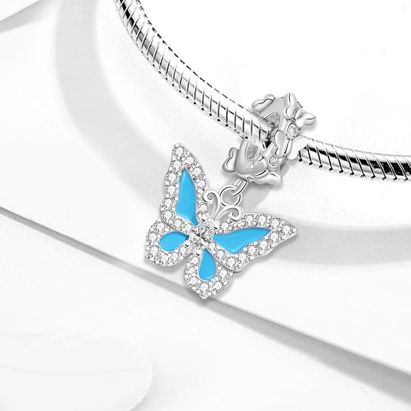 925 Sterling Silver Cute Butterfly Elephant Blue Series Charms Beads Fit Original Pan Bracelet Bangle High Quality DIY Jewelry