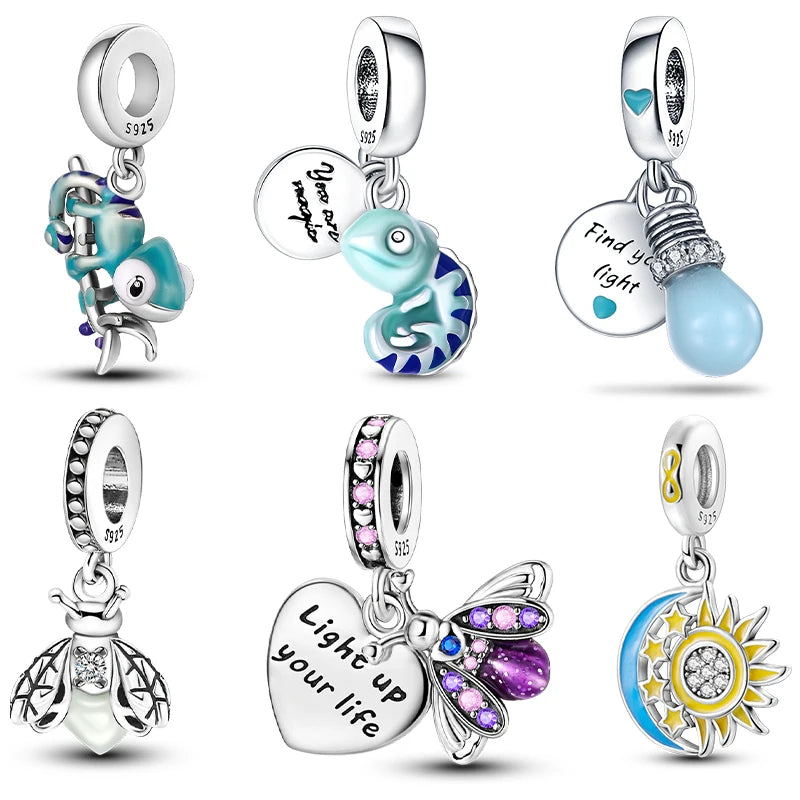 Hot Sales 925 Sterling Silver Luminous Firefly Light Bulb Star Moon Chameleon Charms Pendant Fit Original Bracelets DIY Jewelry