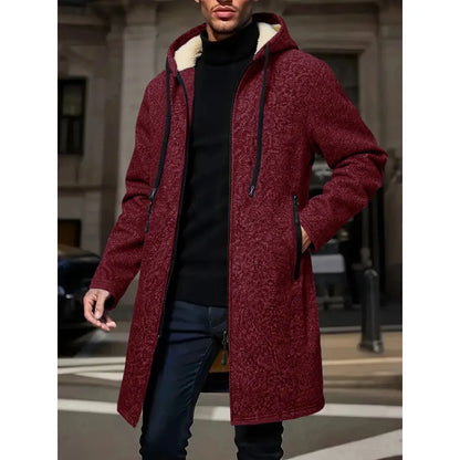 Men's Winter Warm Long Coat Zipper Jacket Zip Windbreaker Thick Fleece Windproof Overcoat Casual Contrast Color Hooded Jacket