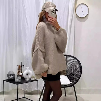 New Fall/winter Women's Sweater Solid Color Semi-turtleneck Casual Commuter Style Knit Pullover Loose Sweater Simple All-match
