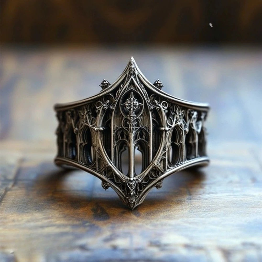 Retro Personality Ancient Silver color Hollowed-out Relief Crown Castle Rings for Women Men Halloween Fashion Gothic Jewelry