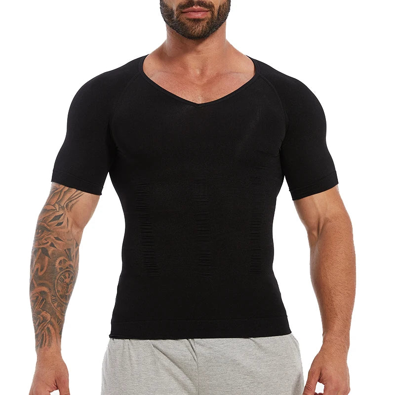 Mens Slimming Compression Shirt Body Shaper V-Neck Undershirt Shirts Workout Abs Abdomen Tummy Control Shapewear Tops
