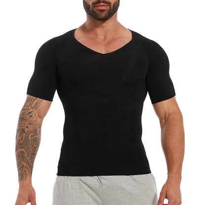 Mens Slimming Compression Shirt Body Shaper V-Neck Undershirt Shirts Workout Abs Abdomen Tummy Control Shapewear Tops