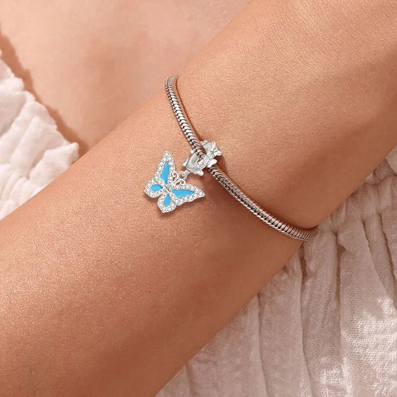 925 Sterling Silver Cute Butterfly Elephant Blue Series Charms Beads Fit Original Pan Bracelet Bangle High Quality DIY Jewelry