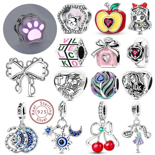 Original Charms Bead Pendant 925 Sterling Silver Cat Paw Bow Girl Cherry Firefly Heart Charm Fit Bracelet DIY Women Jewelry Gift