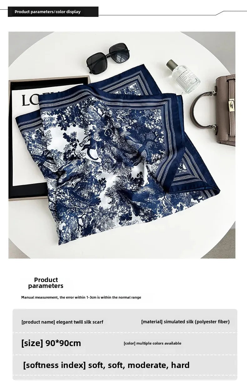 Autumn/Winter Cerulean Blue Green High-End Feel Silk Twill Scarf Women's Versatile Luxury Brand Printing Old Flower Design