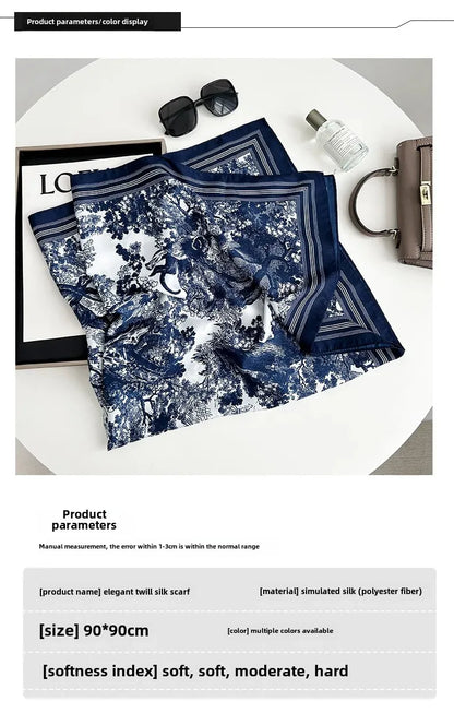 Autumn/Winter Cerulean Blue Green High-End Feel Silk Twill Scarf Women's Versatile Luxury Brand Printing Old Flower Design