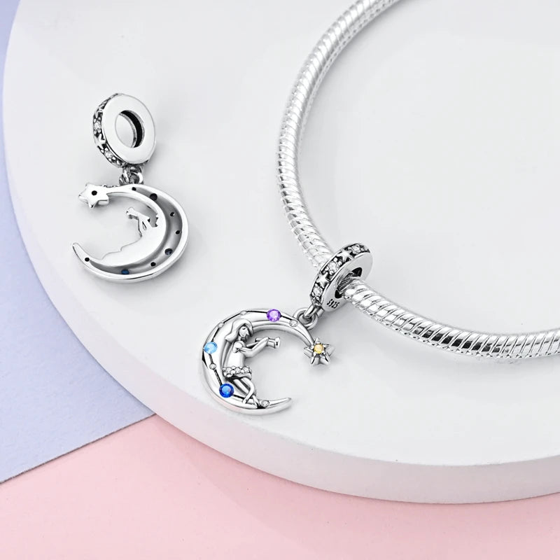 Fit Original Bracelet Silver Plated Cat Moon Shape Stars Love Charms Pendants For Women Jewelry Making Gift