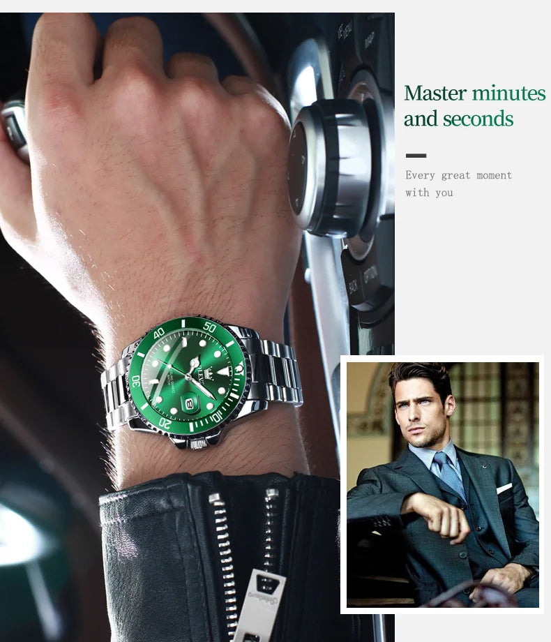 OLEVS 5885 Men's Watches Business Stainless Steel Strap Green Quartz Watch Waterproof Calendar Luminous High Quality Wristwatch
