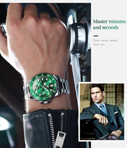 OLEVS 5885 Men's Watches Business Stainless Steel Strap Green Quartz Watch Waterproof Calendar Luminous High Quality Wristwatch