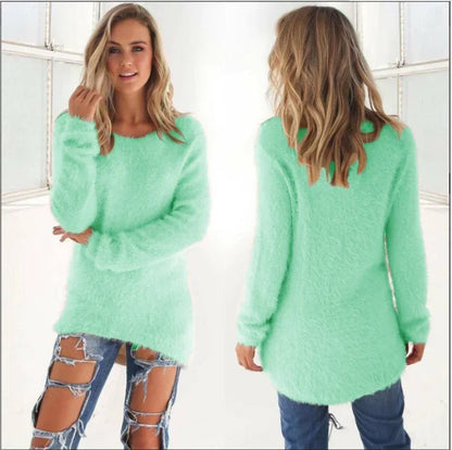 Women Warm Sweater Solid Color O Neck Loose Cotton Knitted Pullover Long Sweater Casual Oversize Blouse Ladies Hipster Clothing