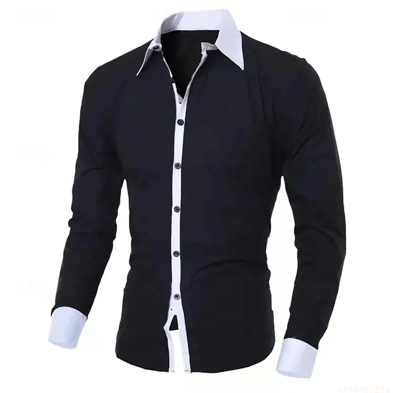 New men's black and white color-blocked spliced   shirt, outdoor street style, business casual long-sleeved lapel top for men.