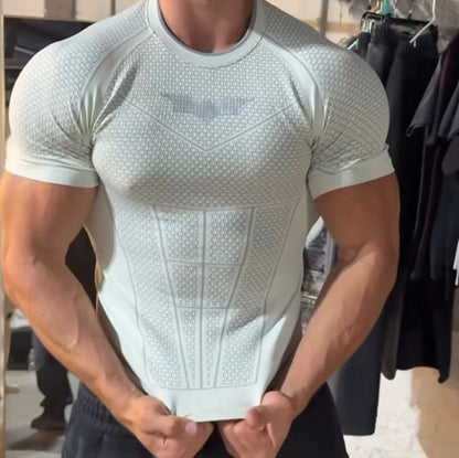 Men's muscle quick-drying tight short-sleeved sports T-shirt, gym exercise, fitness, running, bodybuilding, casual top