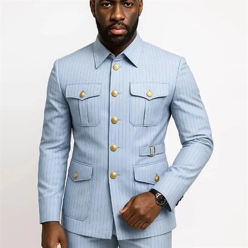 Stripe Safari Men's Suits with Stand Collar Single Breasted Slim Fit Male Fashion Daily Suit 2 Pieces Set Jacket Pants Outfits