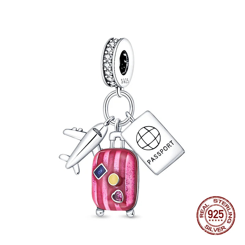 Original Charms 925 Silver Three-In-One Airplane Travel Luggage Charms Bead Fit 3mm Original Bracelet Womens DIY Jewelry Gifts