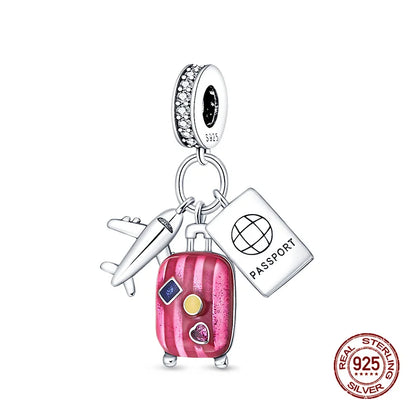 Original Charms 925 Silver Three-In-One Airplane Travel Luggage Charms Bead Fit 3mm Original Bracelet Womens DIY Jewelry Gifts