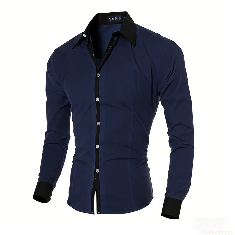 New men's black and white color-blocked spliced   shirt, outdoor street style, business casual long-sleeved lapel top for men.