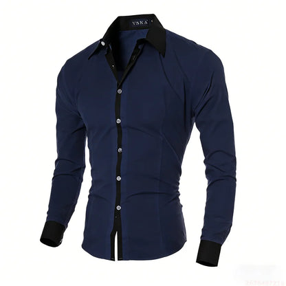 New men's black and white color-blocked spliced   shirt, outdoor street style, business casual long-sleeved lapel top for men.