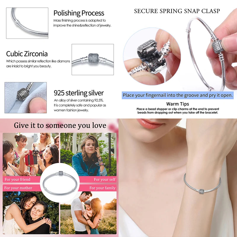 New in Original 925 Silver Snake Chain Bracelet Fits 3mm Original Charm Bead For Women Heart Bracelets Jewelry Gifts Hot