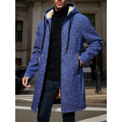 Men's Winter Warm Long Coat Zipper Jacket Zip Windbreaker Thick Fleece Windproof Overcoat Casual Contrast Color Hooded Jacket