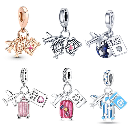 Original Charms 925 Silver Three-In-One Airplane Travel Luggage Charms Bead Fit 3mm Original Bracelet Womens DIY Jewelry Gifts