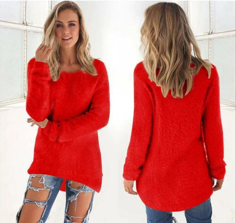 Women Warm Sweater Solid Color O Neck Loose Cotton Knitted Pullover Long Sweater Casual Oversize Blouse Ladies Hipster Clothing