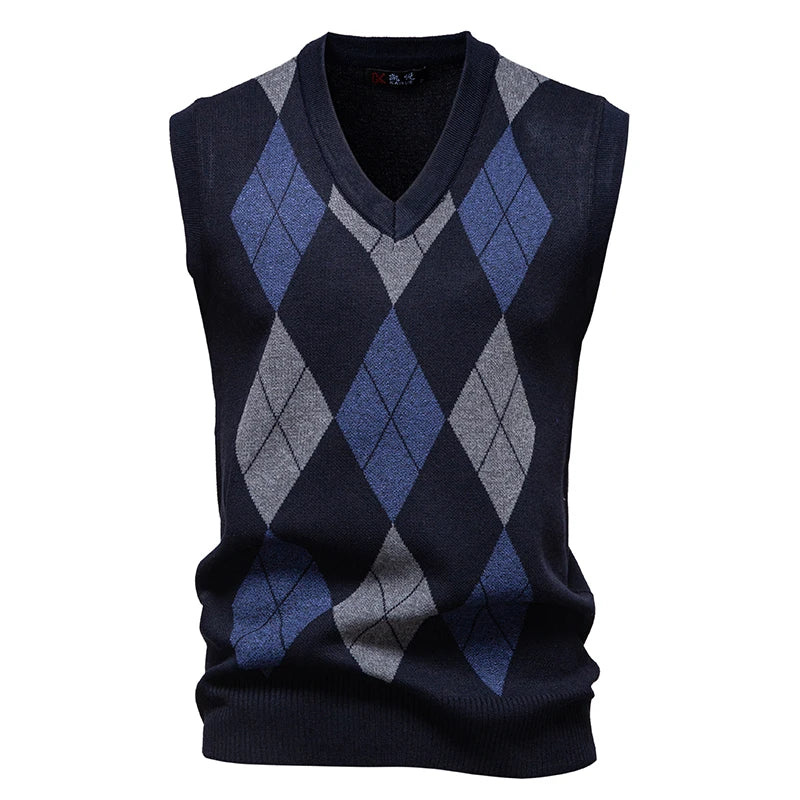 Men's Knit Vest Fashion Sweater Vest Argyle Pattern Waistcoat Fleece Lined Warm Vests