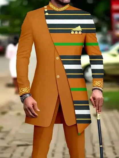 Classic African National Printing Batik Men's Casual 2PCS Suit For Wedding Dinner Event Suit terno masculinos complete costume