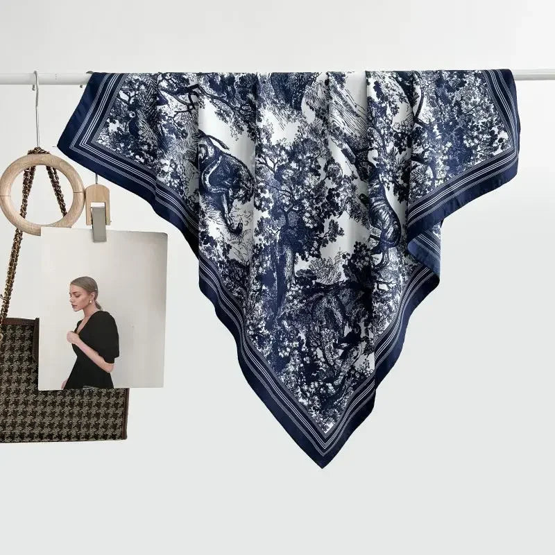 Autumn/Winter Cerulean Blue Green High-End Feel Silk Twill Scarf Women's Versatile Luxury Brand Printing Old Flower Design