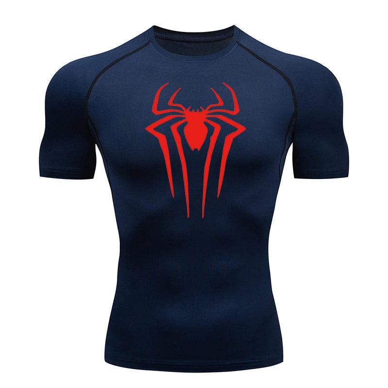 Spider Print Compression Shirts for Men Summer Short Sleeve Rash Guard Gym Workout Tshirt Athletic Quick Dry Undershirts Tops