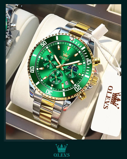 OLEVS Men's Watches Top Brand Luxury Watch for Men Original Waterproof Stainless Steel Chronograph Moon Phase Date Rota Dial