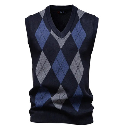 Men's Knit Vest Fashion Sweater Vest Argyle Pattern Waistcoat Fleece Lined Warm Vests