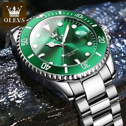 OLEVS 5885 Men's Watches Business Stainless Steel Strap Green Quartz Watch Waterproof Calendar Luminous High Quality Wristwatch