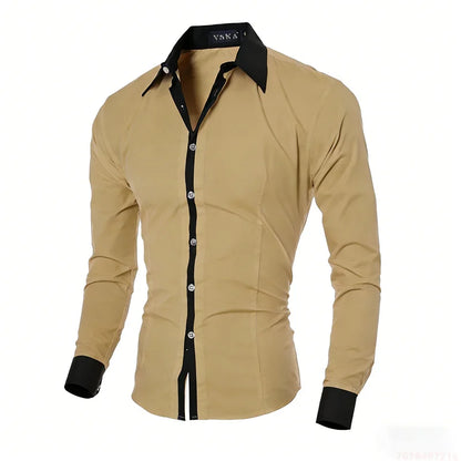 New men's black and white color-blocked spliced   shirt, outdoor street style, business casual long-sleeved lapel top for men.