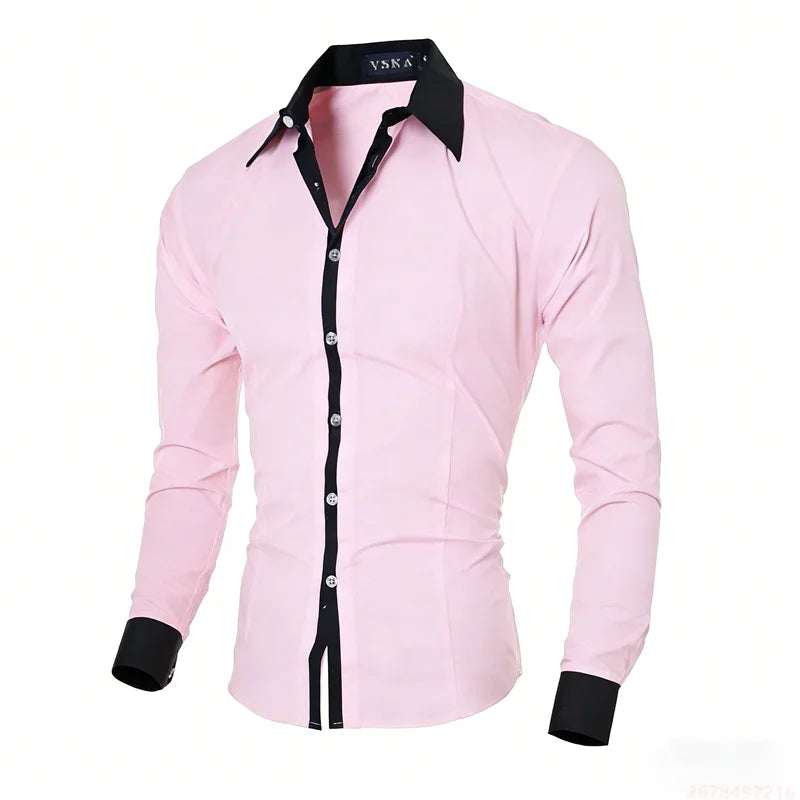 New men's black and white color-blocked spliced   shirt, outdoor street style, business casual long-sleeved lapel top for men.