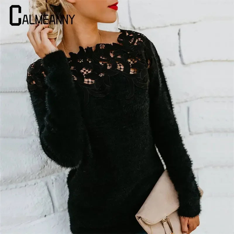 Autumn Winter Sweet Korean Fashion Casual Solid Pullover O-Neck Pullover Plush Warm Sweat Ladies Sweater Lace Women Knit Sweater